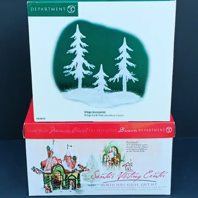 LOT 129: Department 56 North Pole Series Santa's Visiting Center Gift Set with Village Icicle Trees