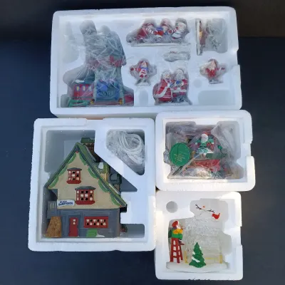 LOT 131: Department 56 Peppermint Skating Party, Untangle the Christmas Lights, A Busy Elf and Elf Bunkhouse