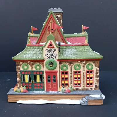 LOT 123: Department 56 North Pole Series Orly's Bell & Harness Supply, North Pole Express Depot and Beard Barber Shop
