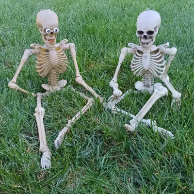 LOT 109: Inflatable 6ft Grave Stones, Light-Up Owl Pumpkin and Plastic Skeletons
