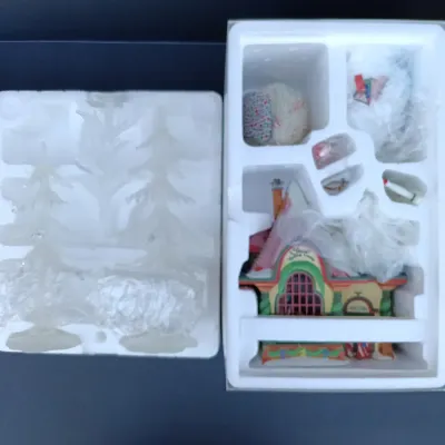 LOT 129: Department 56 North Pole Series Santa's Visiting Center Gift Set with Village Icicle Trees