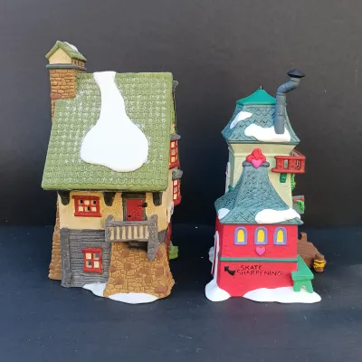 LOT 131: Department 56 Peppermint Skating Party, Untangle the Christmas Lights, A Busy Elf and Elf Bunkhouse