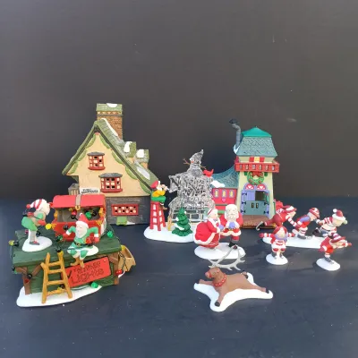 LOT 131: Department 56 Peppermint Skating Party, Untangle the Christmas Lights, A Busy Elf and Elf Bunkhouse