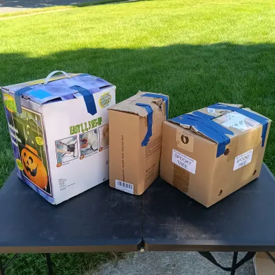 LOT 110: Inflatable 8ft Pumpkin, 8ft Halloween Tree and Witch Moon