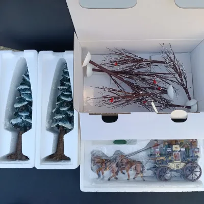 LOT 132: Department 56 Holiday Coach, Pole Pine Trees and Bare Branch Trees