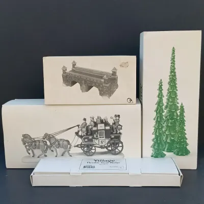 LOT 133: Department 56 Holiday Coach, Stone Train Tressel, Pencil Pines and Flexible Sisal Hedge