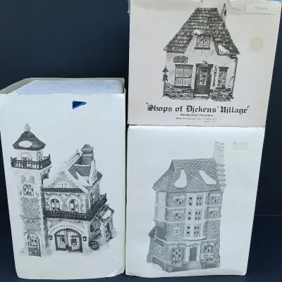 LOT 126: Department 56 Dickens' Village Series Ashwick Lane Hose & Ladder, Nephew Fred's Flat and Candle Shop