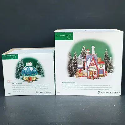 LOT 168: Department 56 North Pole Series Real Plastic Snow Factory and Tillie's Tiny Cup Café