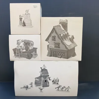 LOT 131: Department 56 Peppermint Skating Party, Untangle the Christmas Lights, A Busy Elf and Elf Bunkhouse