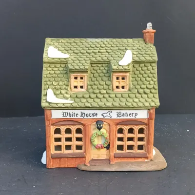 LOT 163: Department 56 Dickens' Village Series Mermaid Fish Shoppe, White Horse Bakery and Scrooge and Marley Counting House