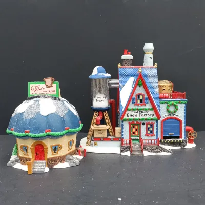 LOT 168: Department 56 North Pole Series Real Plastic Snow Factory and Tillie's Tiny Cup Café