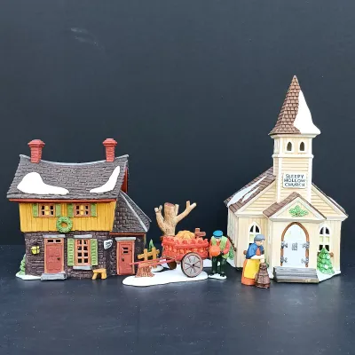 LOT 127: Department 56 New England Series Sleepy Hollow Ichabod Crane's Cottage, Sleepy Hollow Church and Harvest Time