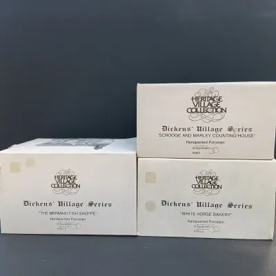LOT 163: Department 56 Dickens' Village Series Mermaid Fish Shoppe, White Horse Bakery and Scrooge and Marley Counting House