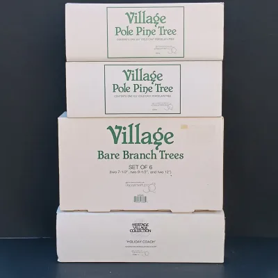 LOT 132: Department 56 Holiday Coach, Pole Pine Trees and Bare Branch Trees