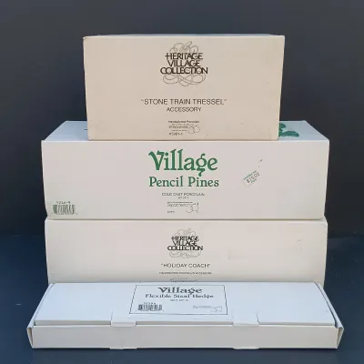 LOT 133: Department 56 Holiday Coach, Stone Train Tressel, Pencil Pines and Flexible Sisal Hedge