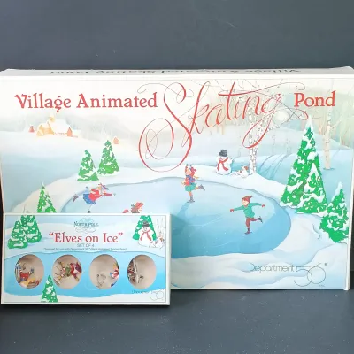 LOT 176: Department 56 Village Animated Skating Pond and North Pole Series Elves on Ice