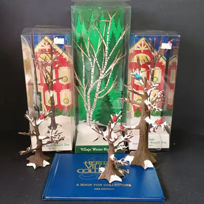LOT 174: Department 56 Winter Oak Trees, Frosted Bare Branch Trees, Winter Birch Tree & 1988 Collectors Book