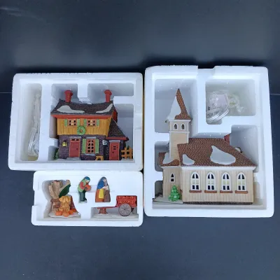LOT 127: Department 56 New England Series Sleepy Hollow Ichabod Crane's Cottage, Sleepy Hollow Church and Harvest Time