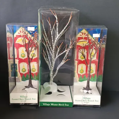 LOT 170: Department 56 Winter Birch Tree, Frosted Bare Branch Trees, Winter Oak Trees & Holly Hedges