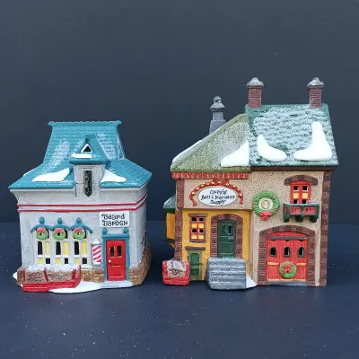 LOT 123: Department 56 North Pole Series Orly's Bell & Harness Supply, North Pole Express Depot and Beard Barber Shop