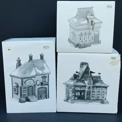 LOT 123: Department 56 North Pole Series Orly's Bell & Harness Supply, North Pole Express Depot and Beard Barber Shop