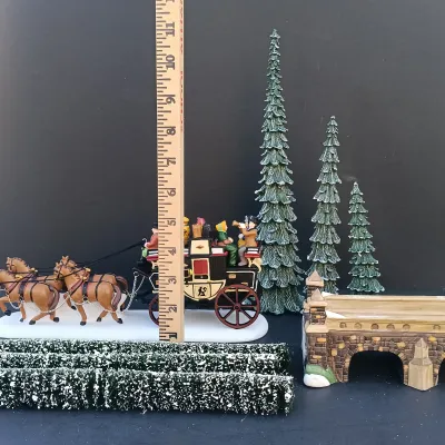 LOT 133: Department 56 Holiday Coach, Stone Train Tressel, Pencil Pines and Flexible Sisal Hedge