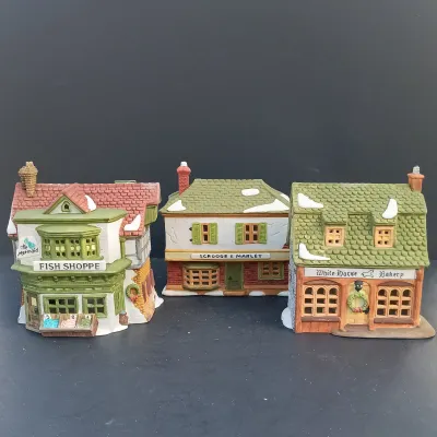 LOT 163: Department 56 Dickens' Village Series Mermaid Fish Shoppe, White Horse Bakery and Scrooge and Marley Counting House