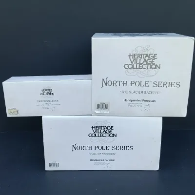 LOT 130: Department 56 North Pole Series Hall of Records, The Glacier Gazette and Early Rising Elves