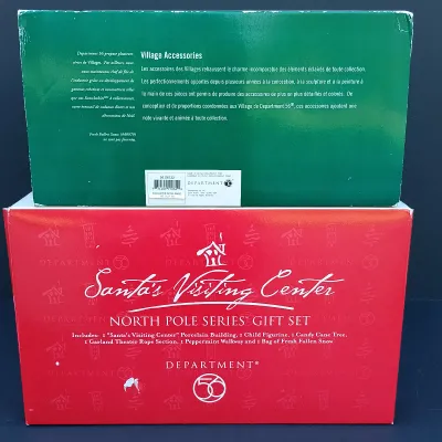 LOT 129: Department 56 North Pole Series Santa's Visiting Center Gift Set with Village Icicle Trees