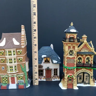 LOT 126: Department 56 Dickens' Village Series Ashwick Lane Hose & Ladder, Nephew Fred's Flat and Candle Shop