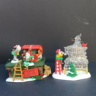 LOT 131: Department 56 Peppermint Skating Party, Untangle the Christmas Lights, A Busy Elf and Elf Bunkhouse