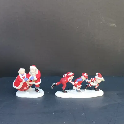 LOT 131: Department 56 Peppermint Skating Party, Untangle the Christmas Lights, A Busy Elf and Elf Bunkhouse