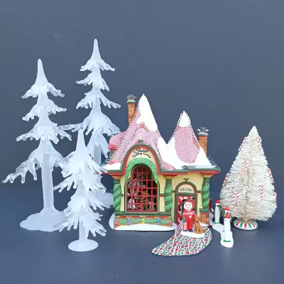 LOT 129: Department 56 North Pole Series Santa's Visiting Center Gift Set with Village Icicle Trees