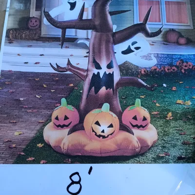 LOT 110: Inflatable 8ft Pumpkin, 8ft Halloween Tree and Witch Moon