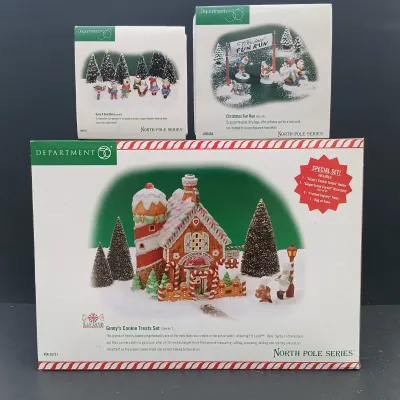 LOT 166: Department 56 North Pole Series Ginny's Cookie Treats Set, Christmas Fun Run and Have a Seat Elves