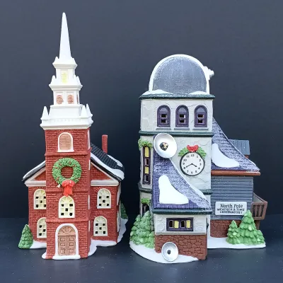 LOT 122: Department 56 North Pole Series Weather and Time Observatory with New England Village Series Old North Church