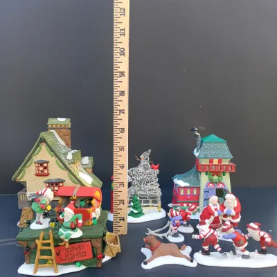 LOT 131: Department 56 Peppermint Skating Party, Untangle the Christmas Lights, A Busy Elf and Elf Bunkhouse