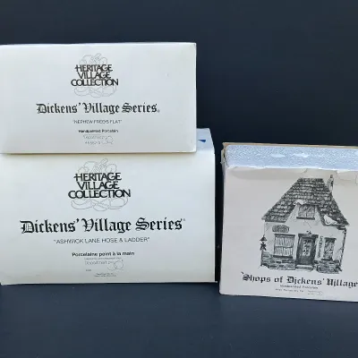 LOT 126: Department 56 Dickens' Village Series Ashwick Lane Hose & Ladder, Nephew Fred's Flat and Candle Shop