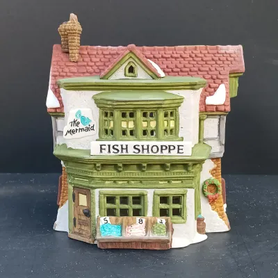 LOT 163: Department 56 Dickens' Village Series Mermaid Fish Shoppe, White Horse Bakery and Scrooge and Marley Counting House
