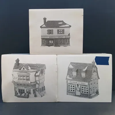 LOT 163: Department 56 Dickens' Village Series Mermaid Fish Shoppe, White Horse Bakery and Scrooge and Marley Counting House