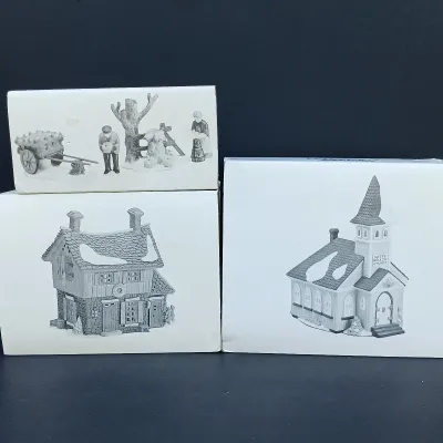 LOT 127: Department 56 New England Series Sleepy Hollow Ichabod Crane's Cottage, Sleepy Hollow Church and Harvest Time