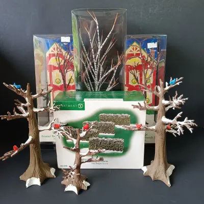 LOT 170: Department 56 Winter Birch Tree, Frosted Bare Branch Trees, Winter Oak Trees & Holly Hedges