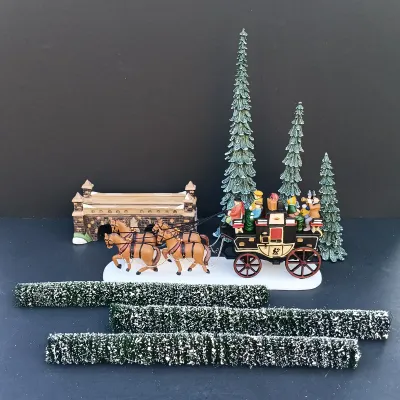 LOT 133: Department 56 Holiday Coach, Stone Train Tressel, Pencil Pines and Flexible Sisal Hedge