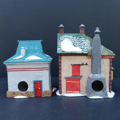 LOT 123: Department 56 North Pole Series Orly's Bell & Harness Supply, North Pole Express Depot and Beard Barber Shop