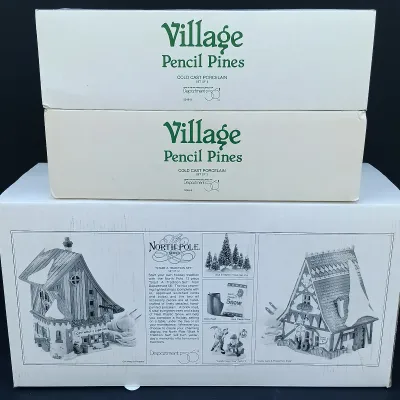 LOT 125: Department 56 North Pole Series Start a Tradition Set with Pencil Pines