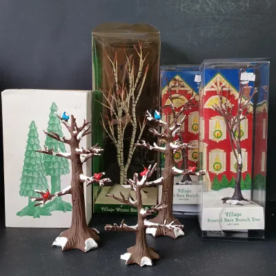 LOT 175: Department 56 Frosted Bare Branch Trees, Winter Birch Tree, Pine Cone Trees & Winter Oak Trees