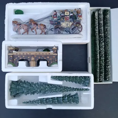 LOT 133: Department 56 Holiday Coach, Stone Train Tressel, Pencil Pines and Flexible Sisal Hedge