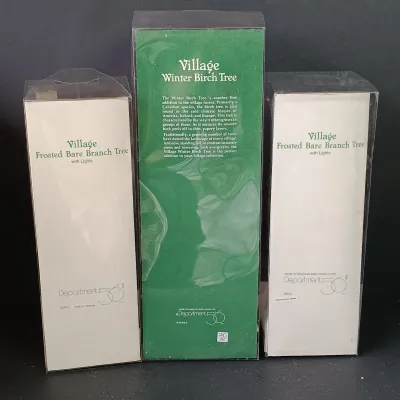 LOT 174: Department 56 Winter Oak Trees, Frosted Bare Branch Trees, Winter Birch Tree & 1988 Collectors Book