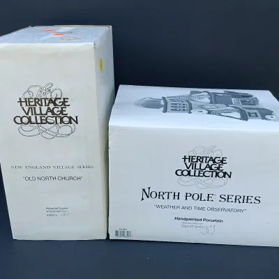 LOT 122: Department 56 North Pole Series Weather and Time Observatory with New England Village Series Old North Church