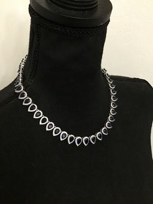 Faux Sapphire and Rhinestone Teardrop Halo Necklace